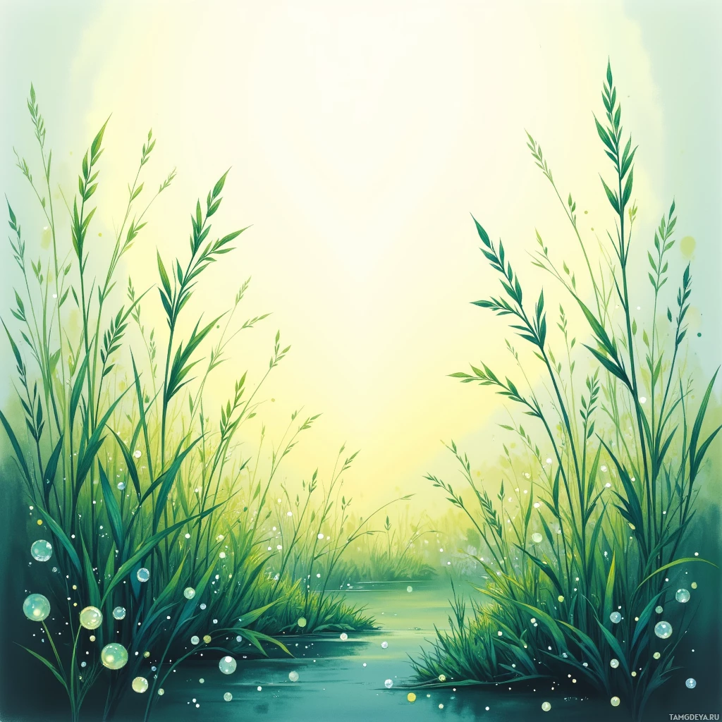 Semi-abstract image with many empty light space at center of beautiful background, that is suitable for the post:  Morning dew paints the grass in watercolor, each blade humming a new song.