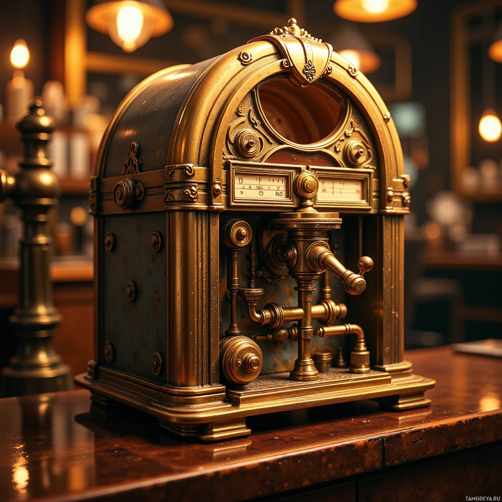 Semi-abstract image with many light, that is suitable for the post:  Miniature hand‑cranked espresso machine styled like a mid‑century diner jukebox, brass body with dark patina, intricate 9:1 reduction gear crank, exposed copper coil heat exchanger, vented steam pipes, all rendered in warm sepia tones.