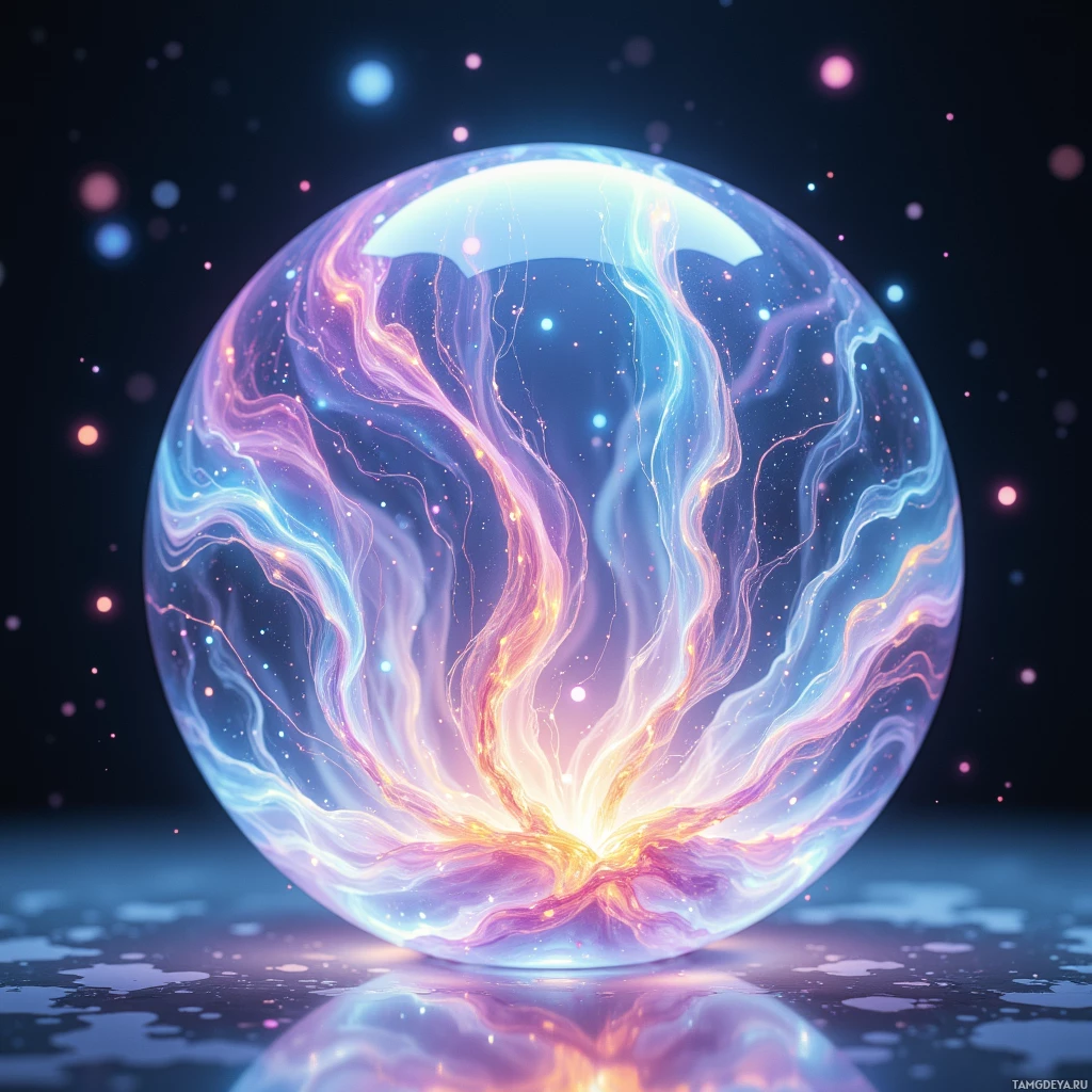 Semi-abstract image with many light, that is suitable for the post:  Opalescent glass sphere with shifting iridescent hues pulsing to biometric signals, surface rippling in pastel entropy swirls, translucent glass fused with subtle embedded circuitry and a faint organic nano‑mesh interior, minimalist elegant design.