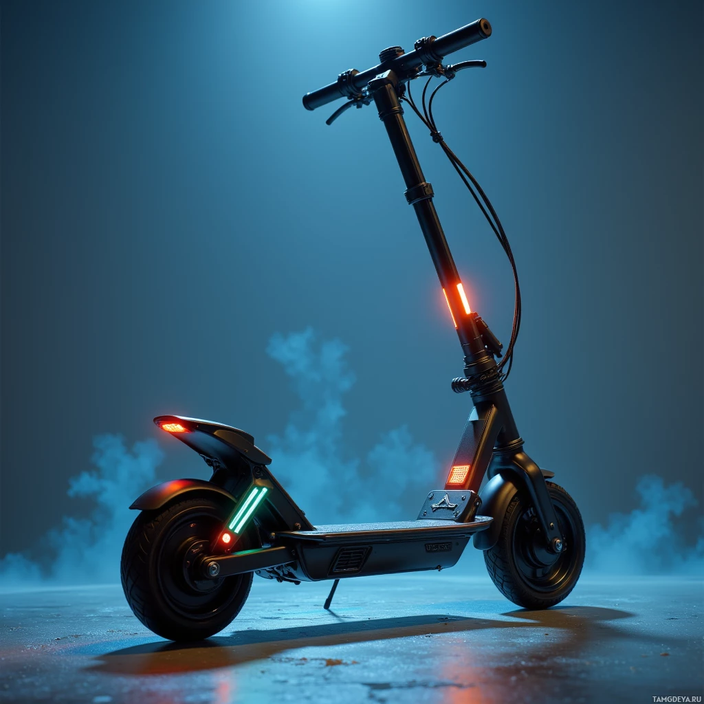 Semi-abstract image with many light, that is suitable for the post:  Matte black fold‑out electric skateboard that transforms into a scooter, featuring neon blue LED strips along the chassis, integrated adaptive suspension, a visible high‑capacity battery pack, gyro sensors embedded in the frame, and sleek aerodynamic lines.