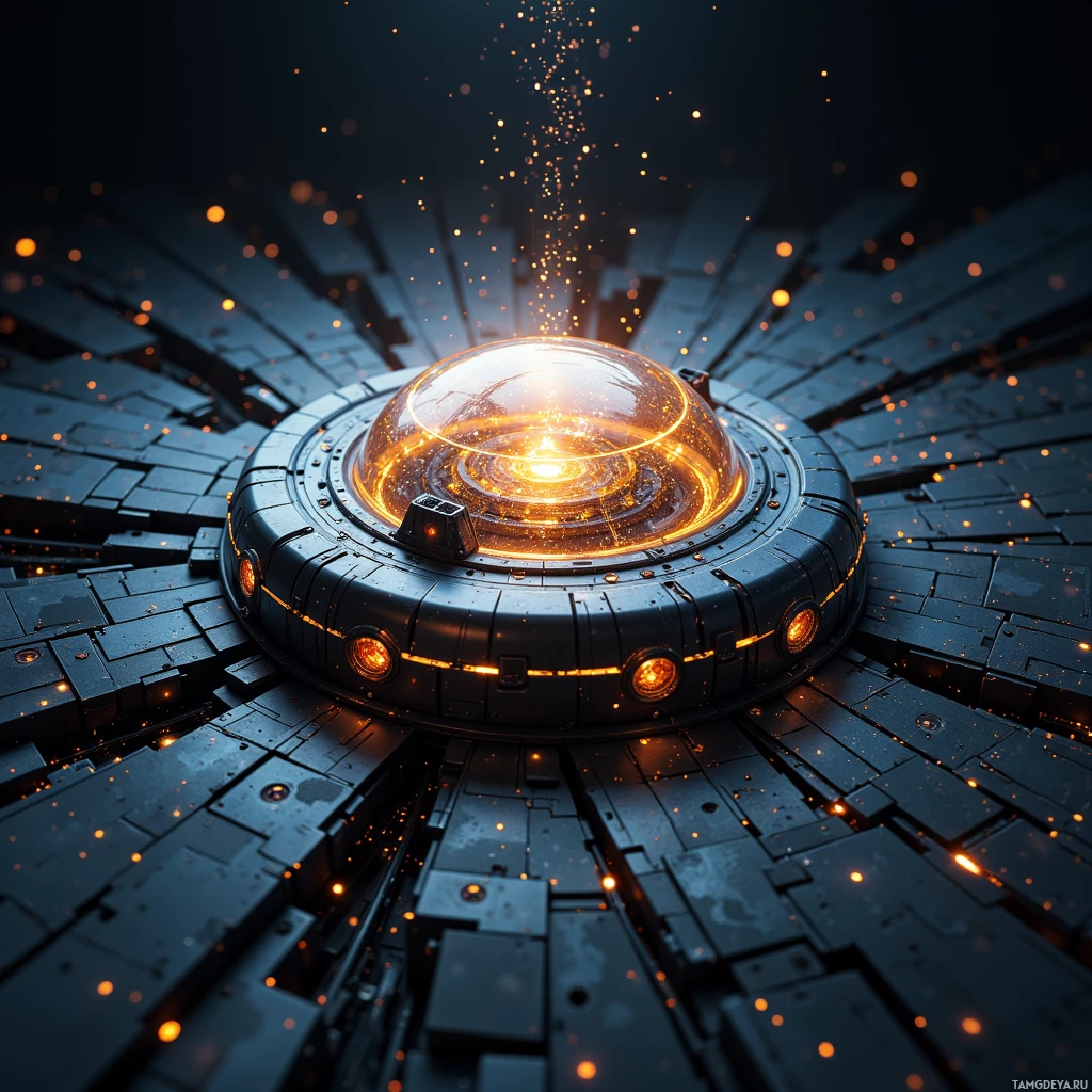 Semi-abstract image with many light, that is suitable for the post:  Titanium-plate field generator with matte black chassis, embedded nano-sensors, self-repairing polymer fiber lattice, emitting a glowing adaptive energy dome.