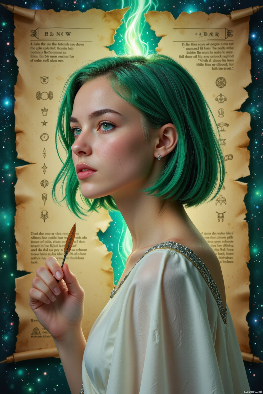 Realistic high quality photo. Female, 29, green bob haircut, emerald eyes, porcelain skin shimmering, wearing a flowing white dress with silver embroidery, standing before a parchment with glowing glyphs, a crack revealing a secret doorway, quill in hand singing, colors bleeding into a drunken galaxy, walls subtly nodding, fantasy twilight.