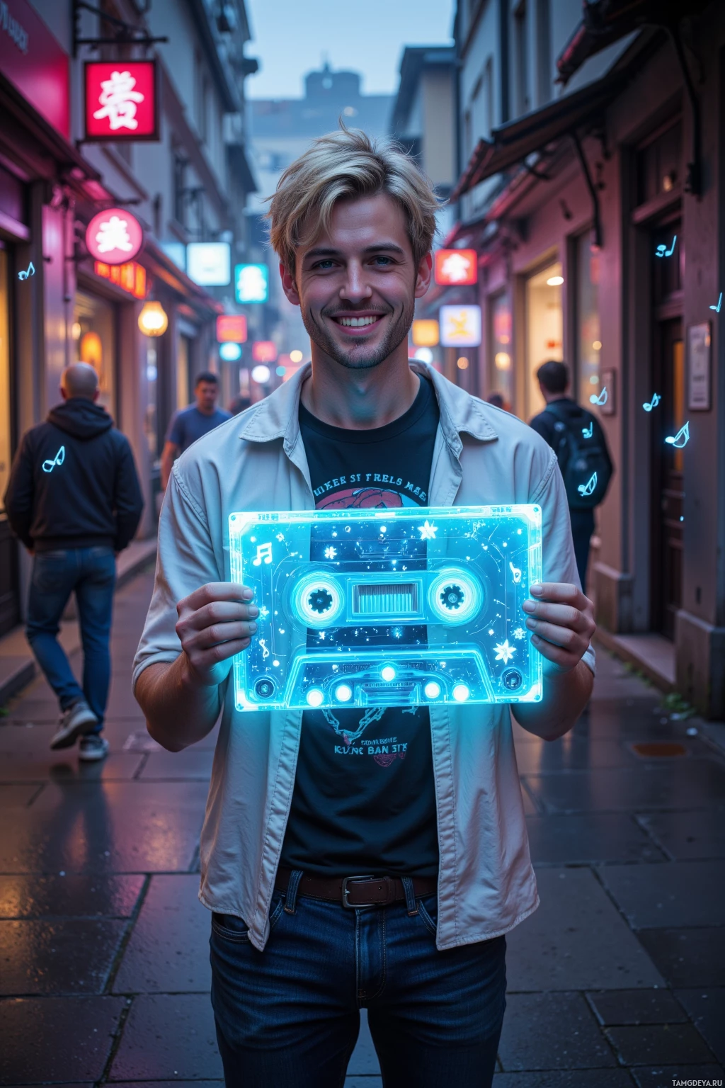 Realistic high quality photo. 31‑year‑old male with messy blonde hair, bright blue eyes, warm smile, wearing a white shirt over a black graphic tee, dark blue jeans, worn sneakers, standing in a bustling cyberpunk alley at night holding a glowing holographic mixtape, surrounded by floating music notes and holographic displays, exuding a lighthearted, optimistic, playful vibe.
