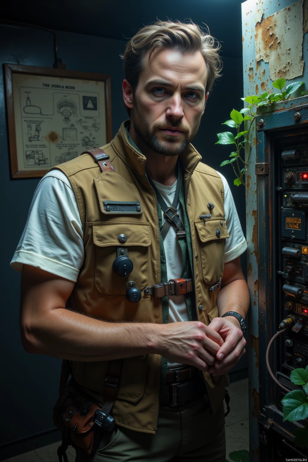 Realistic high quality photo. A 30‑year‑old man with light brown hair and blue eyes, wearing a white utility shirt under a sleeveless tan tech vest with copper wiring, stands in a dim, dusty server room surrounded by old relays and a glowing analog lock, his hands steady as he turns a key, while schematic diagrams of bypassed encryption drift above him and neglected synth‑plant foliage lingers nearby.