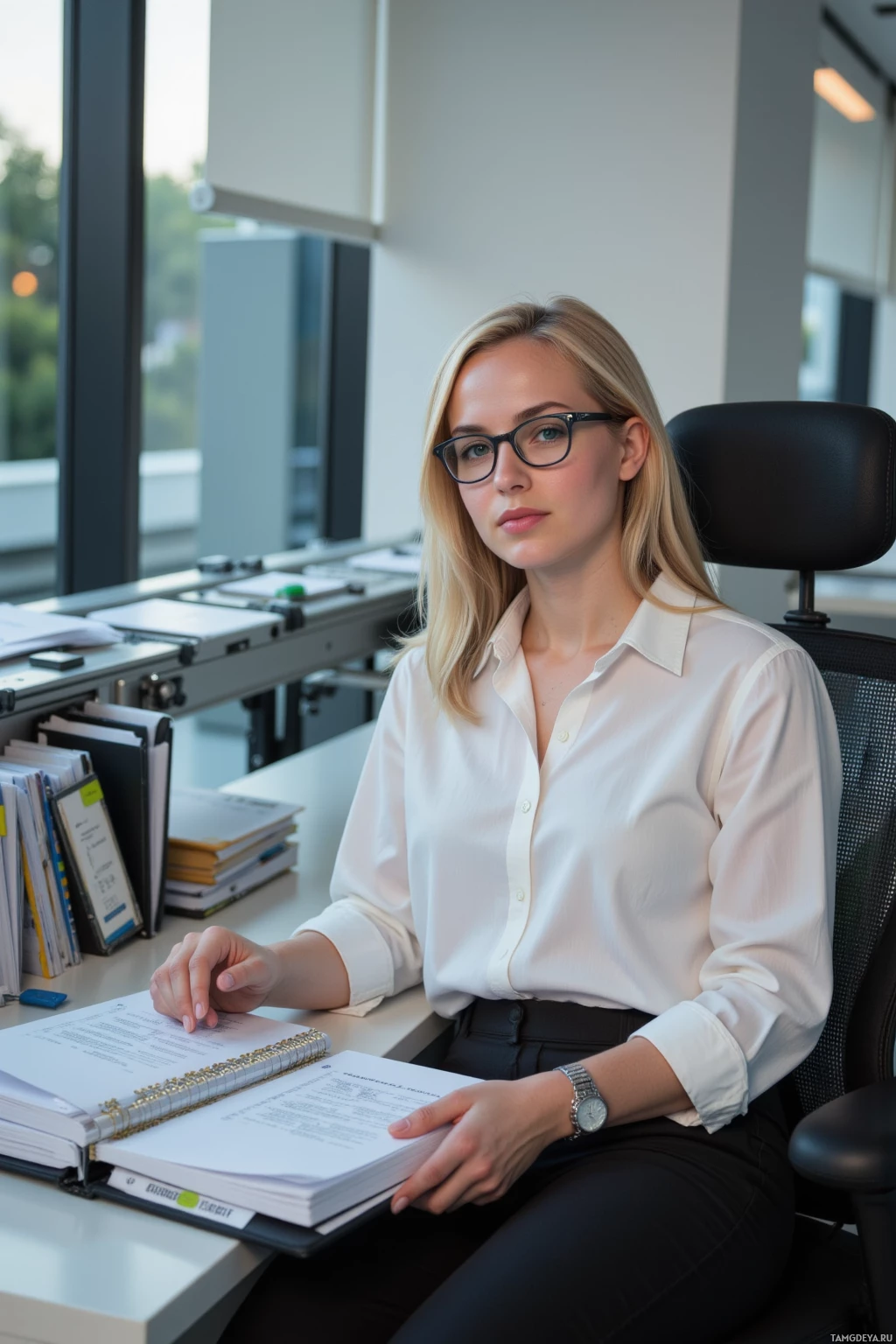 Realistic high quality photo. 30-year-old woman with medium‑length blonde hair, rectangular glasses, crisp white blouse, tailored black pants, subtle wristwatch, reclined in a modern office chair surrounded by neatly aligned paper folders and RFID tags, an automated conveyor system humming outside a large window, soft desk light casting a calm evening glow as she gently places a digital binder in front of her.