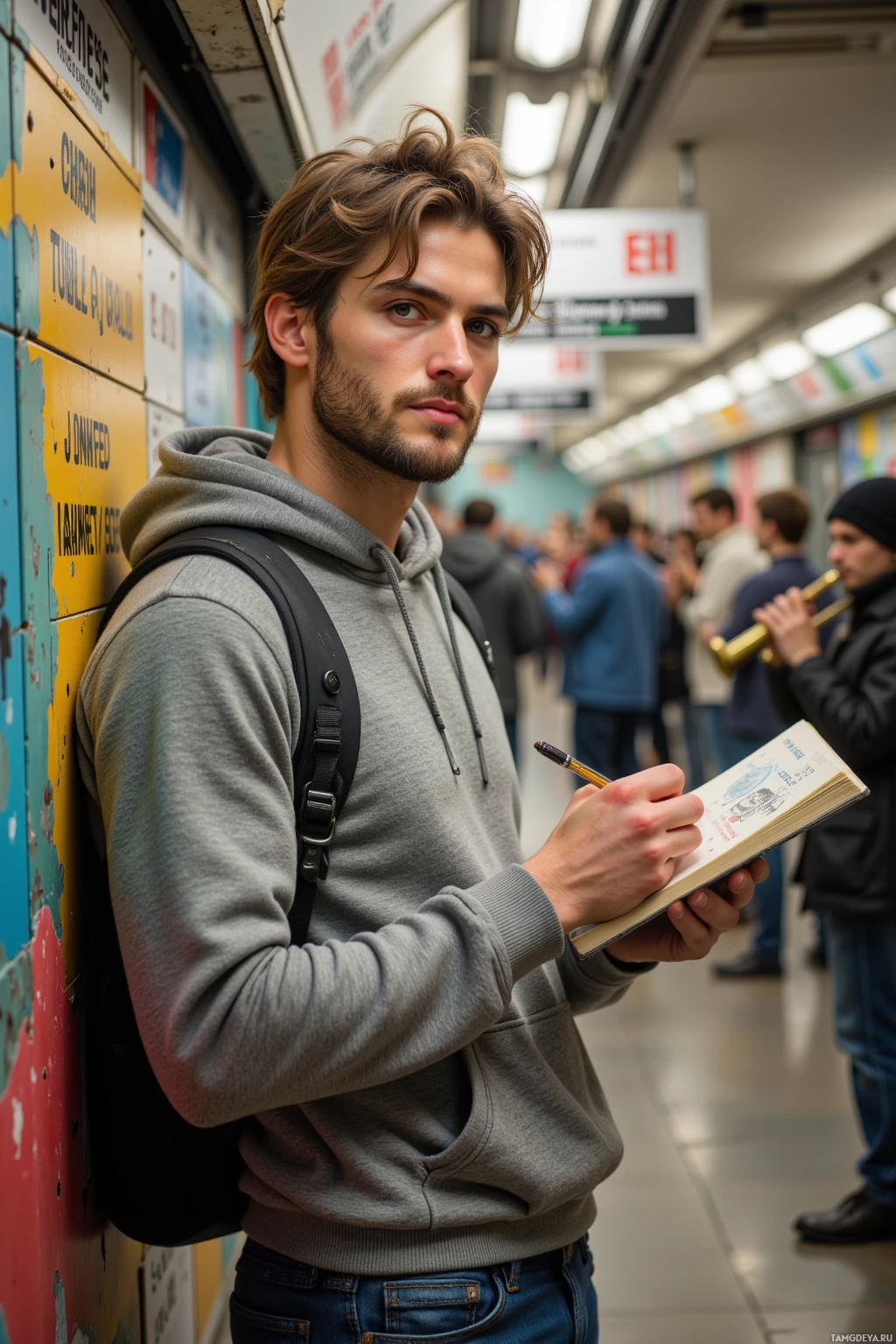 Realistic high quality photo. A 30‑year‑old man with messy light brown hair, bright blue eyes, wearing a grey hoodie and denim jeans, stands in a subway station with a peeling wall and a bright sign, sketchbook in hand doodling forgotten art while a flash mob of jazz musicians plays nearby, his expression a blend of curiosity and amused distraction.