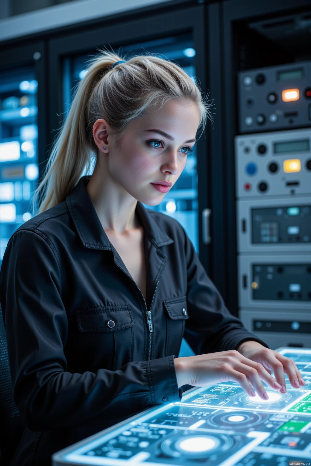 Realistic high quality photo. A 30‑year‑old female cyber‑engineer with silver ponytail, violet eyes, pale skin, wearing a black jumpsuit with metallic seams, sits at a holographic diagnostics console in a dimly lit server bay, her hands mapping invisible network lines on a translucent screen while a stack of backup disks glows softly behind her.