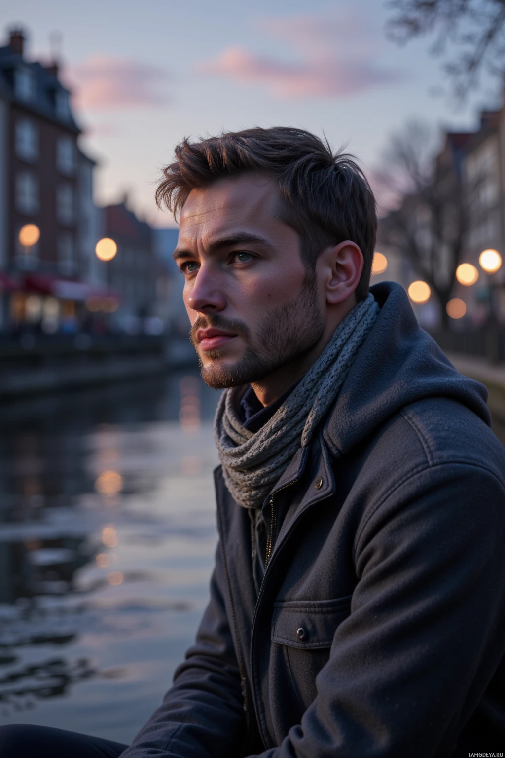 Realistic high quality photo. A 30‑year‑old man with short light brown hair, blue eyes, fair skin, wearing a soft wool jacket over a simple shirt and a loosely draped scarf, sits on a riverbank in a modern setting, looking pensively at the rippling water beneath a twilight sky, surrounded by trees and a quiet, reflective atmosphere.