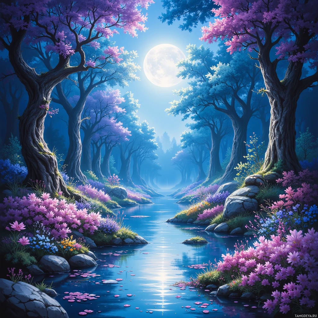 Semi-abstract image with many empty light space at center of beautiful background, that is suitable for the post:  A moonlit river of hummingbird feathers drifts through my palette, whispering secrets of dew‑laced gardens.