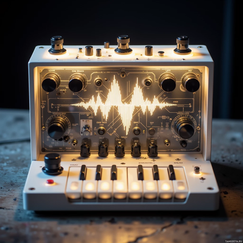 Semi-abstract image with many light, that is suitable for the post:  Hand‑crafted analog synthesizer with a translucent ceramic case softly illuminated from within, a faint glowing waveform etched across its smooth surface, precise surgical‑style knobs, sleek matte finish, and intricate internal circuitry visible through the clear walls.