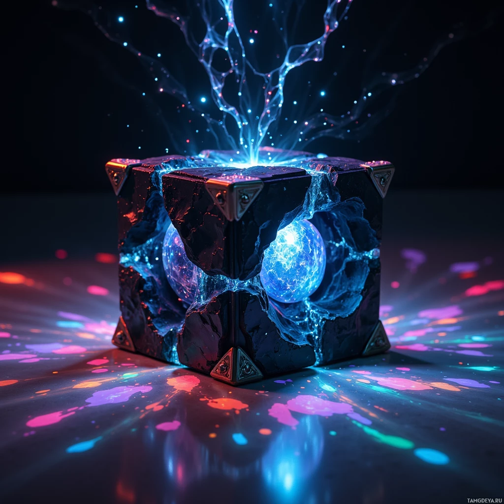 Semi-abstract image with many light, that is suitable for the post:  sleek black translucent crystal‑cube projector, crystal facets and metallic edges, emitting soft holographic 3D graffiti light, minimalist futuristic design, subtle glow from its surface.