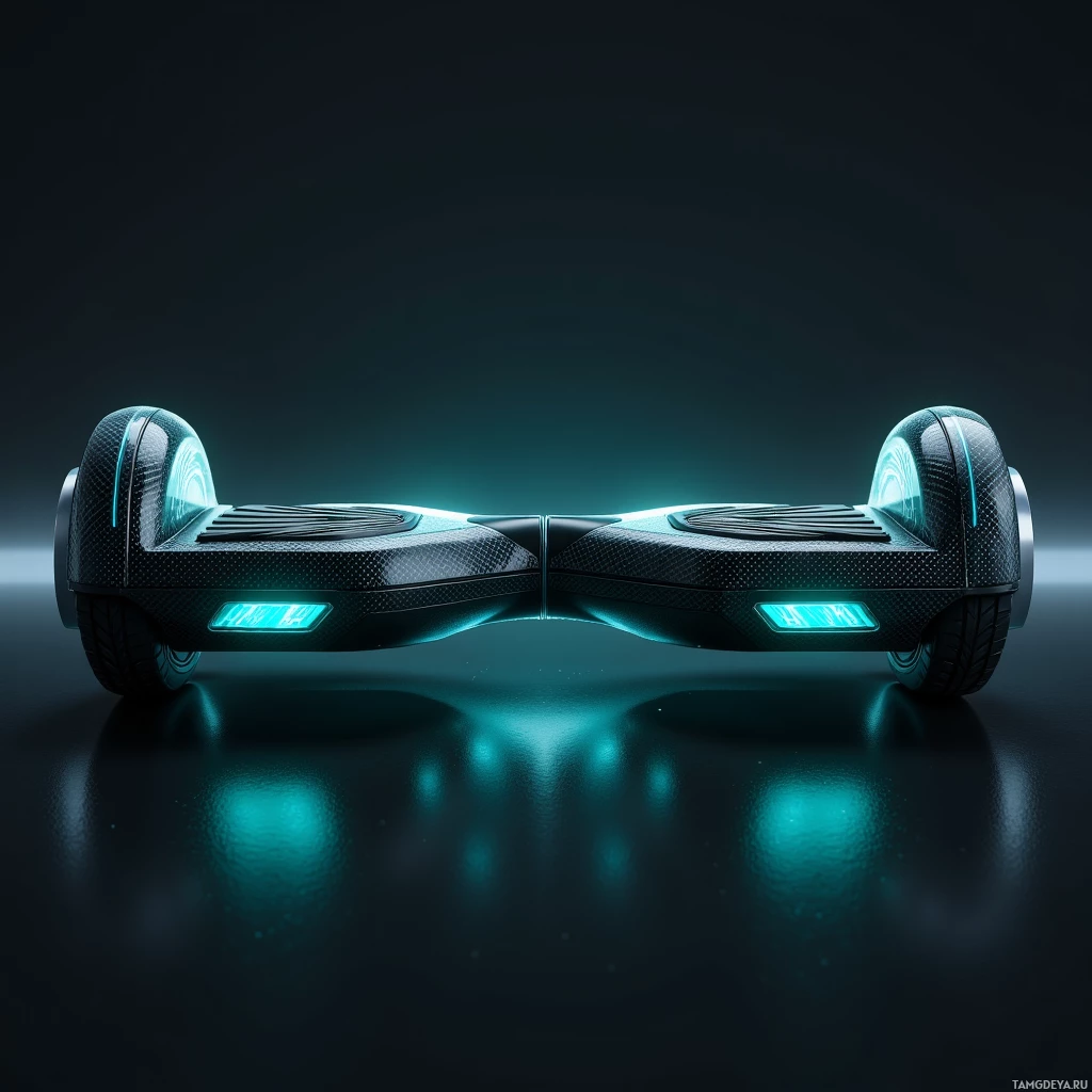 Semi-abstract image with many light, that is suitable for the post:  Sleek matte black carbon‑fiber hoverboard with a streamlined, low‑profile frame, faint glowing teal HUD panels along the surface, subtle iridescent lights at the wheels, hidden anti‑gravity engine vents emitting a faint blue vortex, and smooth aerodynamic edges designed for rapid flip and hover.