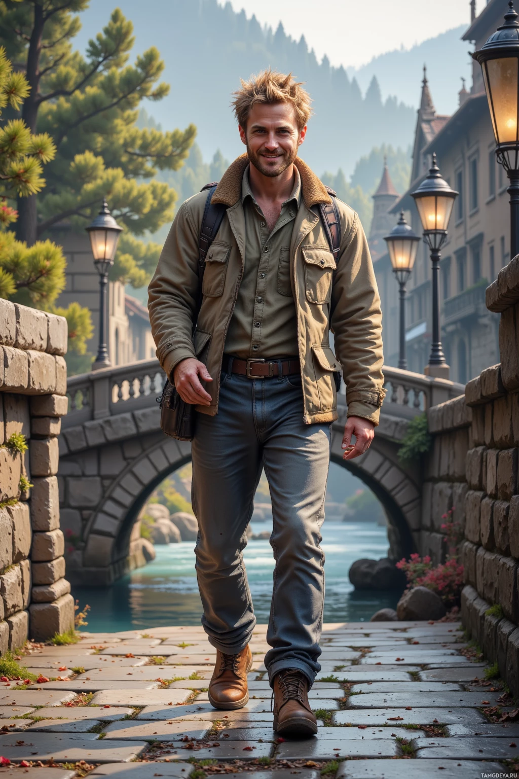 Realistic high quality photo. A rugged 31‑year‑old man with messy blonde hair, bright blue eyes, and tanned skin, wearing a weathered jacket, sturdy boots, and comfortable trousers, walking across a winding stone bridge over a river in early morning light, surrounded by old stone lanterns, pine trees, and a street vendor trading handmade postcards, smiling confidently.