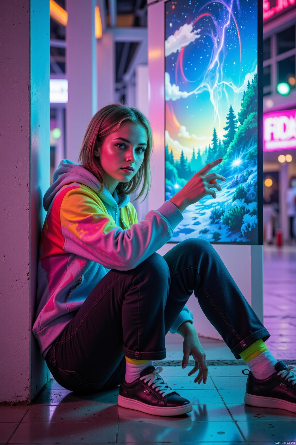 Realistic high quality photo. Female 22 with light brown pixelated hair, bright blue eyes, wearing glitch-patterned rainbow jacket, neon green socks, casual sneakers, in a quiet corner of a glowing synth plaza, hacking a looping beat into a sunrise on a holo‑projector while animated pixels dance and a text bubble sends a meme to a friend on another server.