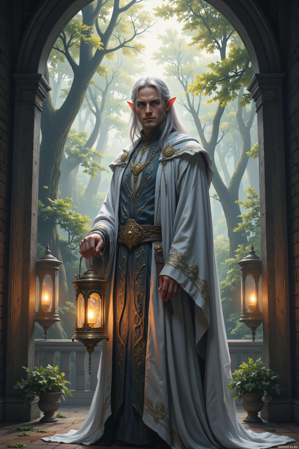 Realistic high quality photo. Tall, elegant elf man with flowing silver hair, pointed ears, piercing blue eyes, wearing a finely embroidered silver‑patterned robe with delicate runes, standing in a forest council hall bathed in dawn’s silver light, holding a lantern that casts a warm glow over his calm, stoic face amid ancient whispering trees.