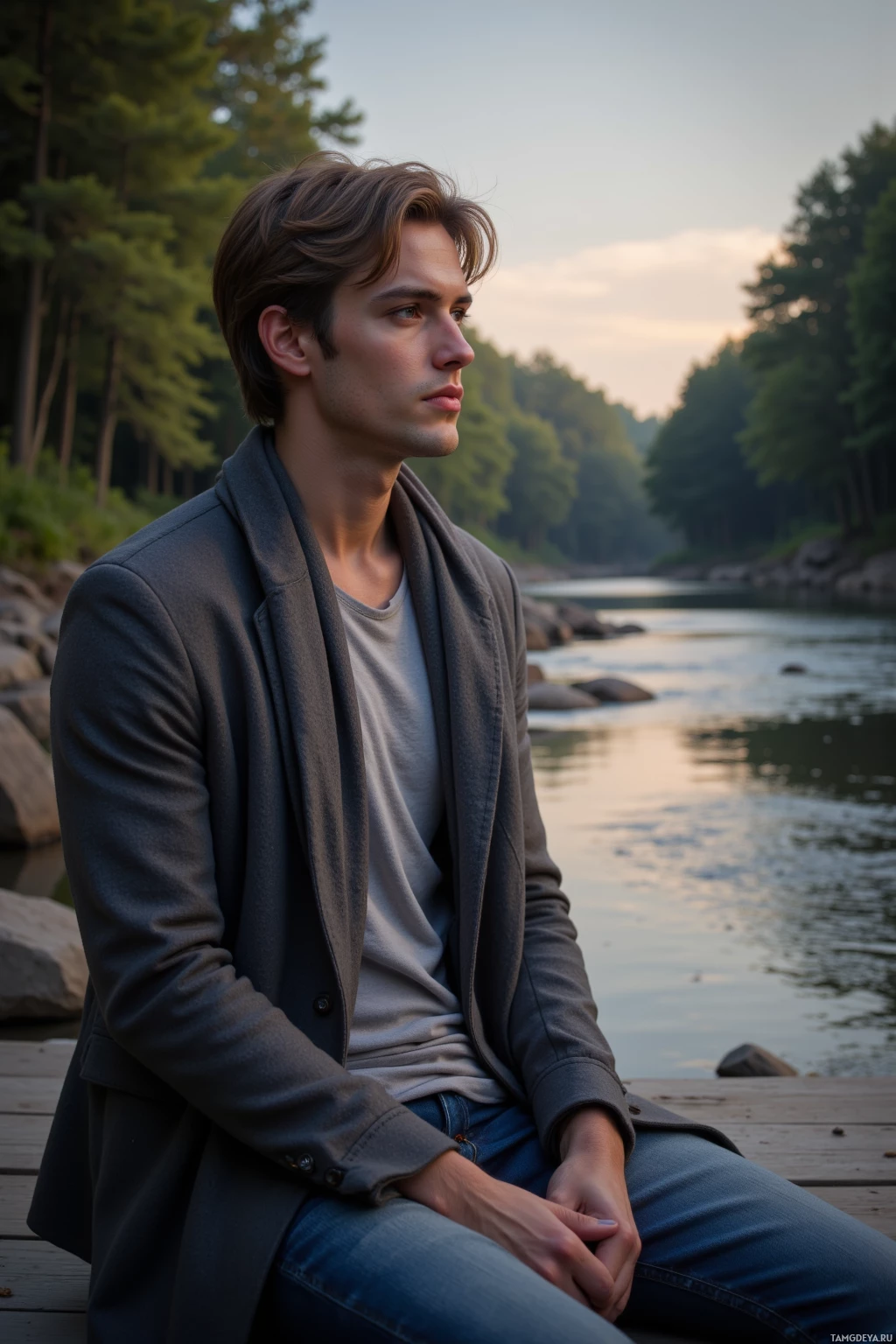 Realistic high quality photo. A mid‑30s man with short light brown hair, blue eyes, fair skin, wearing a soft wool jacket over a simple shirt and a loosely draped scarf, sits on a wooden dock beside a calm river at dusk, listening intently to the gentle flow, surrounded by trees and river rocks in a realistic contemporary setting.