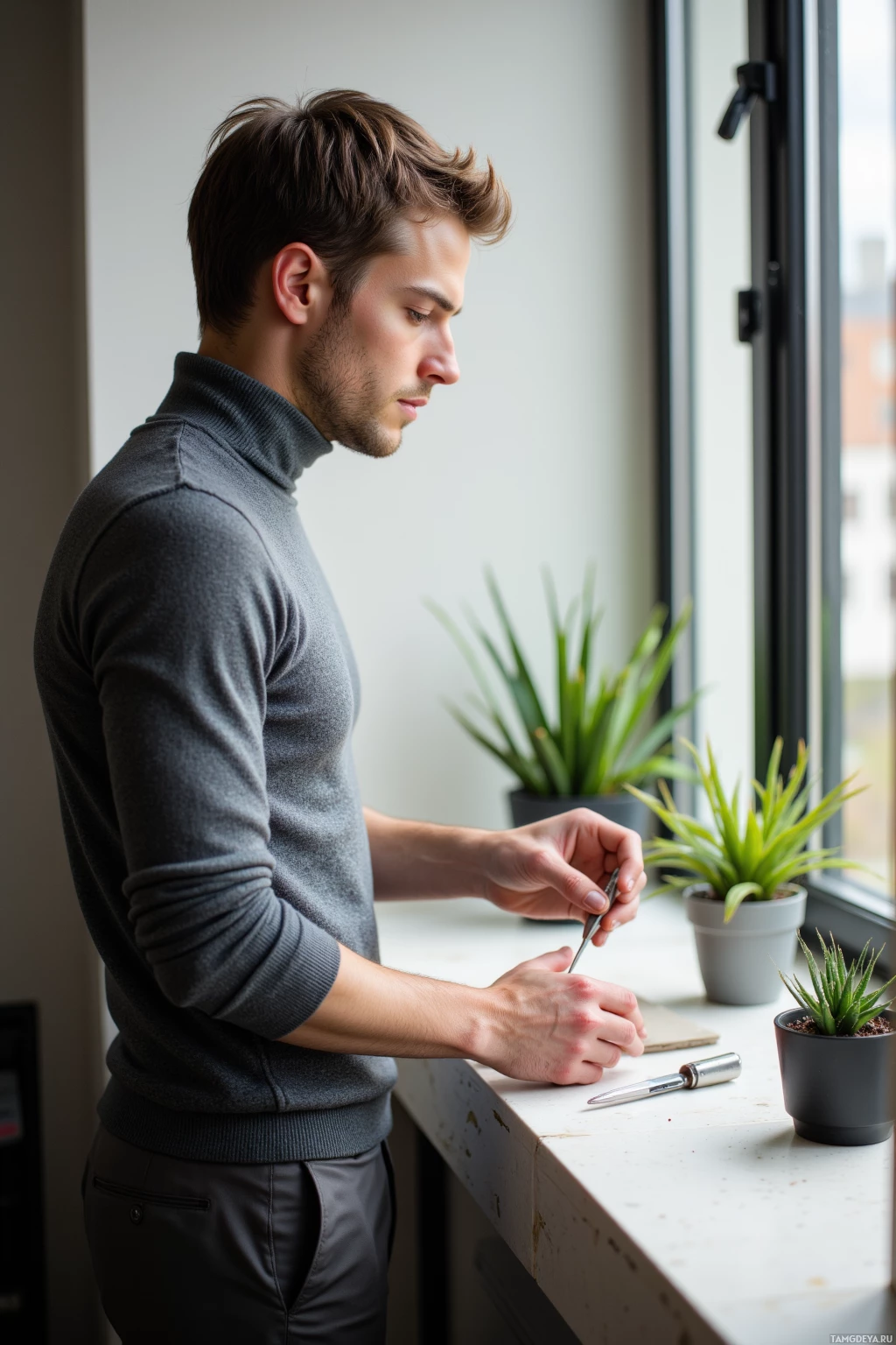 Realistic high quality photo. Male, 31, light brown hair, green eyes, wearing a gray turtleneck and slate slacks, precisely arranging a scalpel set on a windowsill with succulents beside it in a modern apartment, sunlight filtering through the window, atmosphere calm and detached.