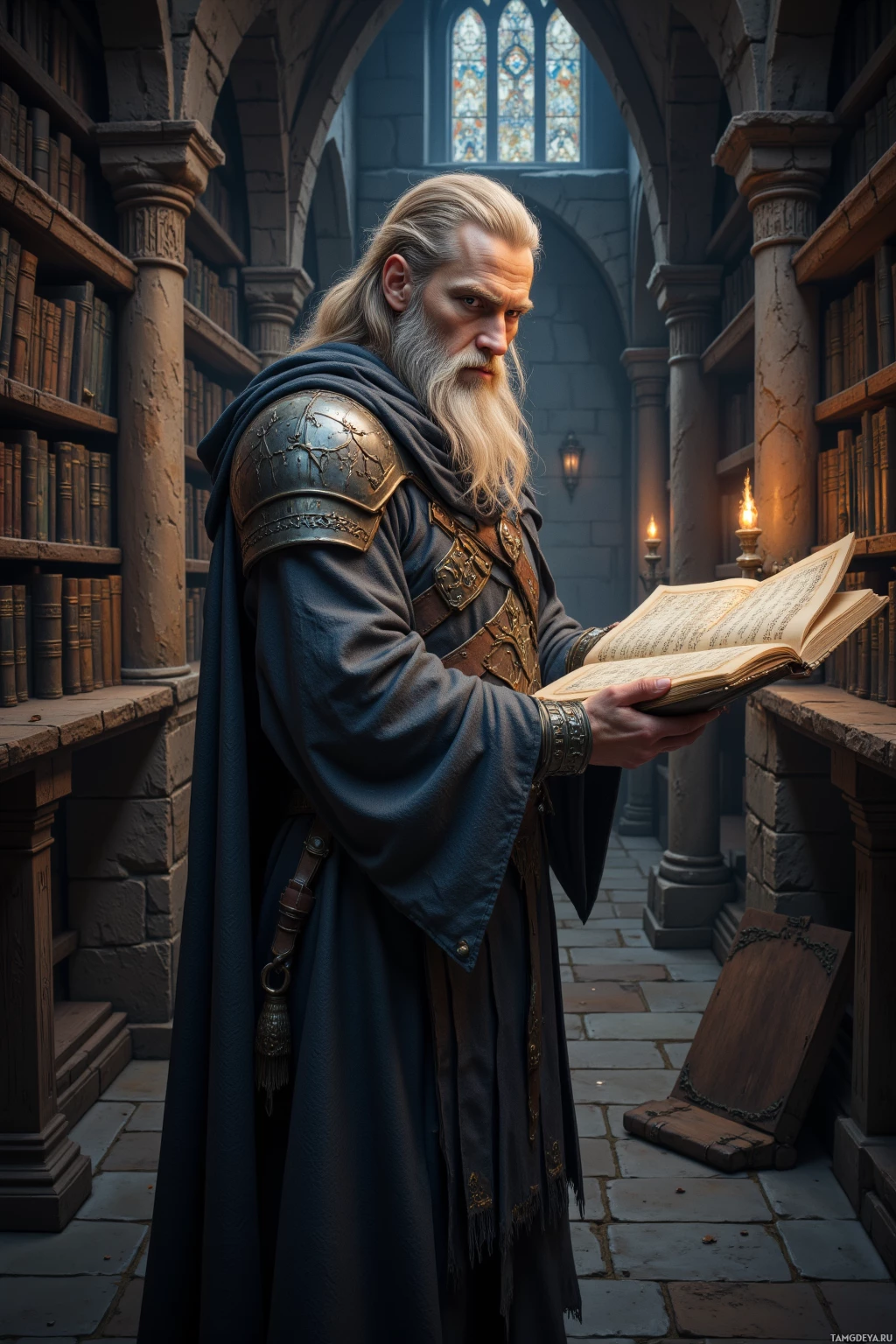 A person in medieval attire is reading an open book in a library with stone arches and bookshelves.