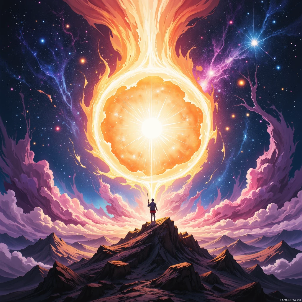 A lone figure stands atop a mountain peak under a cosmic sky filled with stars and a radiant celestial light.