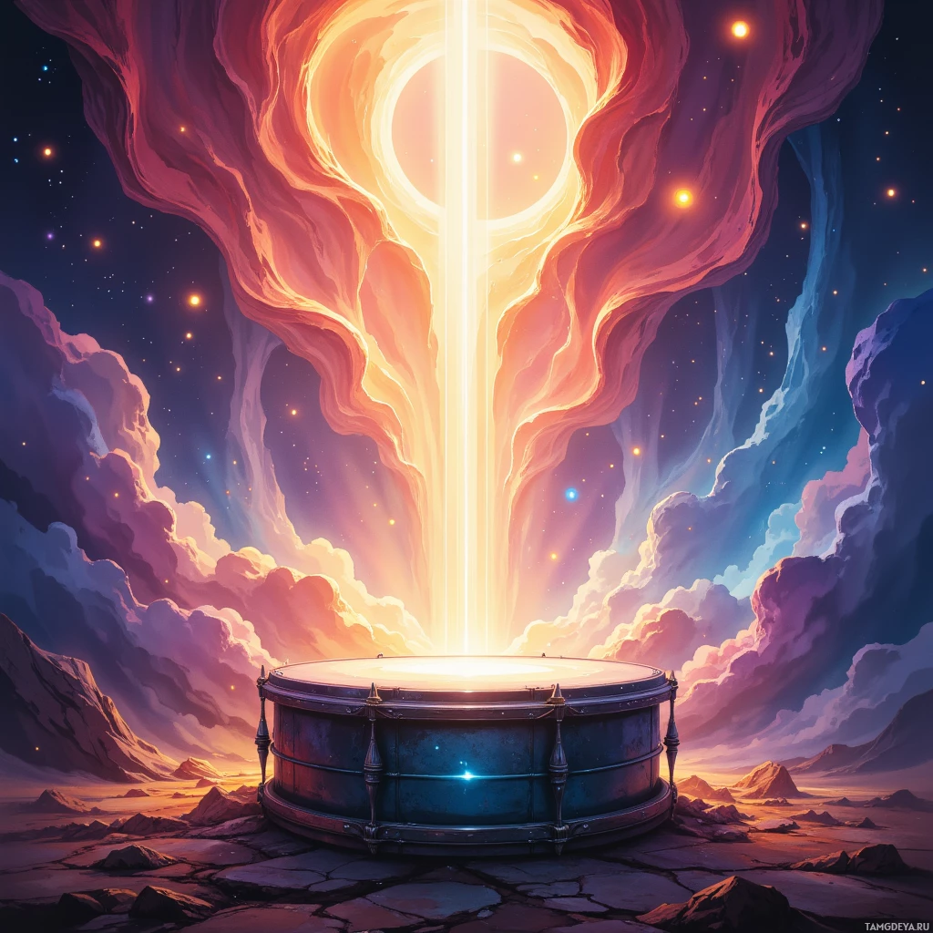 A glowing portal in the sky emits light, set against a cosmic backdrop with clouds and distant stars.