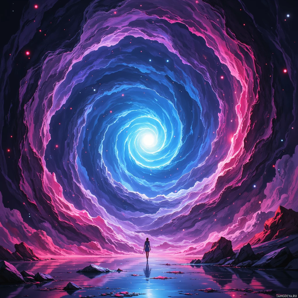 A person stands at the edge of a reflective body of water, gazing into a swirling vortex of vibrant colors and stars.