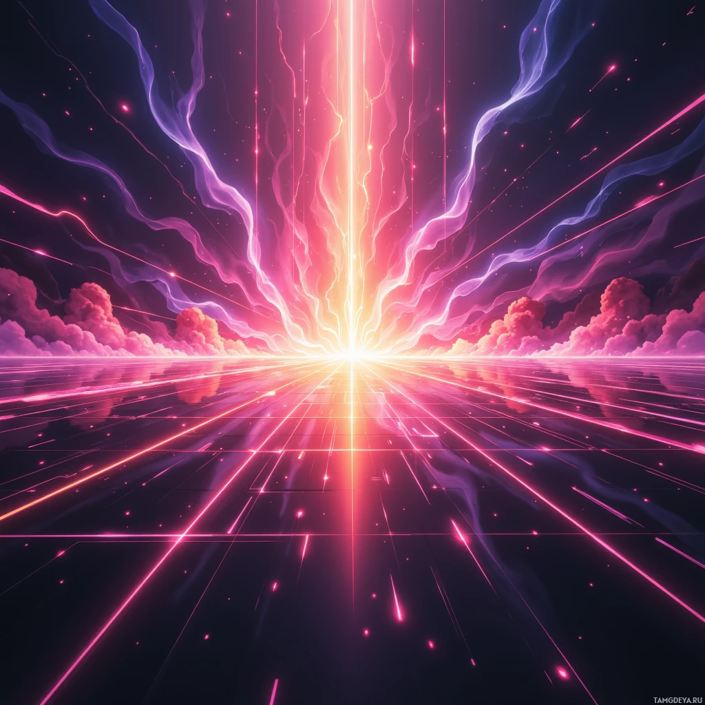 A vibrant, abstract scene featuring a bright light source at the center, radiating pink and purple energy beams and streaks against a dark background.