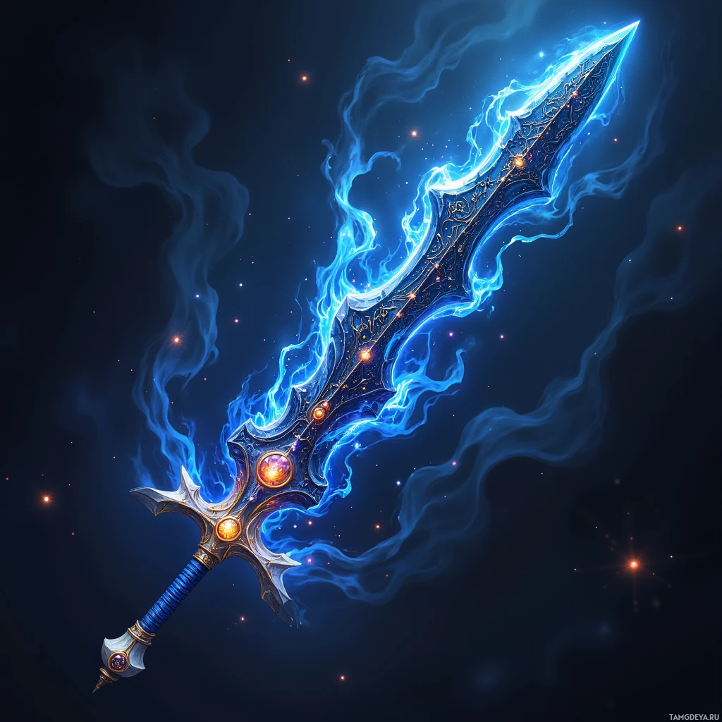 A glowing blue sword with intricate designs and swirling energy emanates from its blade.