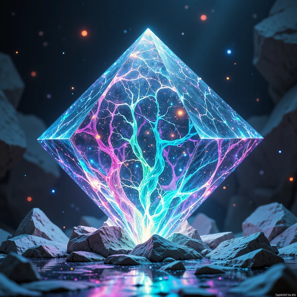 A glowing, multi-colored cube with intricate patterns sits atop rocks by water under a starry sky.