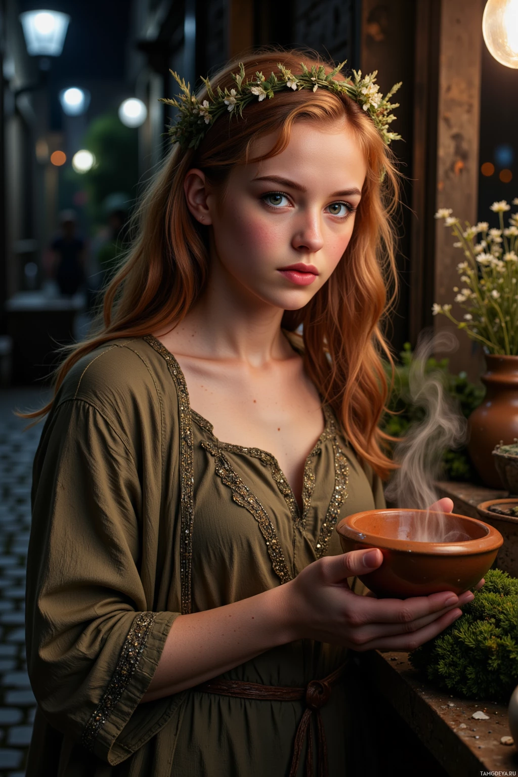 A person wearing a floral crown and a green dress holds a steaming bowl.