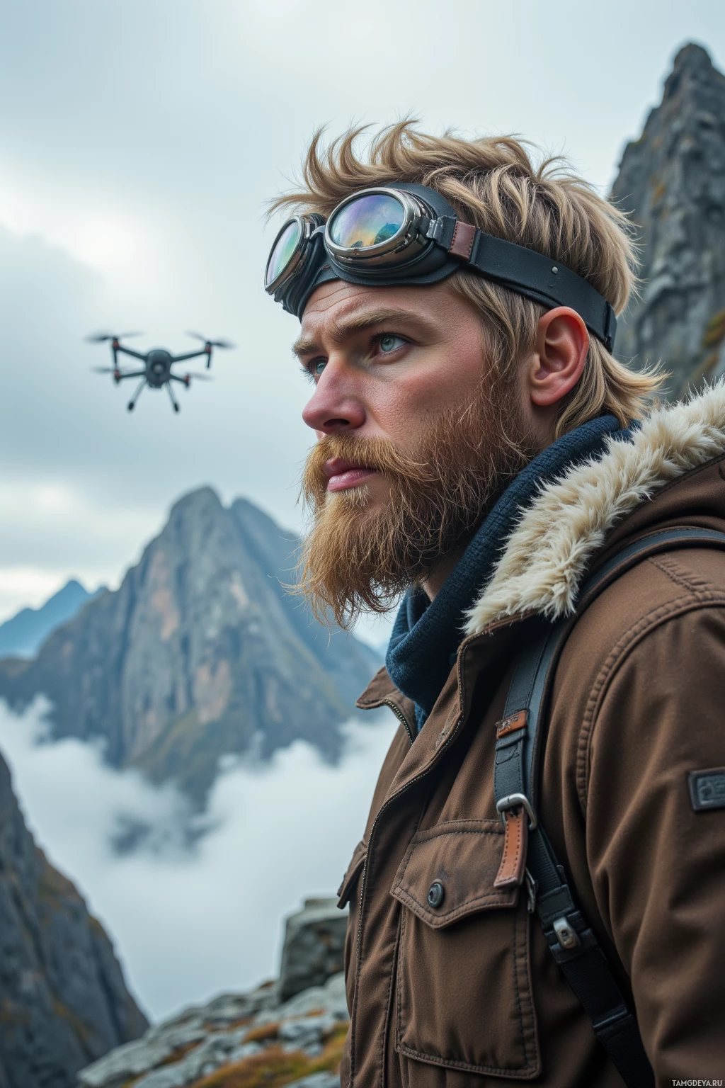 A person wearing goggles and a jacket stands in front of a mountainous landscape with a drone flying nearby.