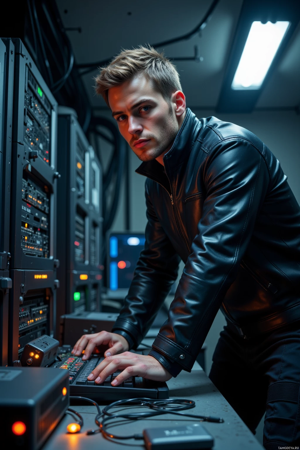 A person in a leather jacket leans over a keyboard and control panel in what appears to be an electronic or technical workspace.