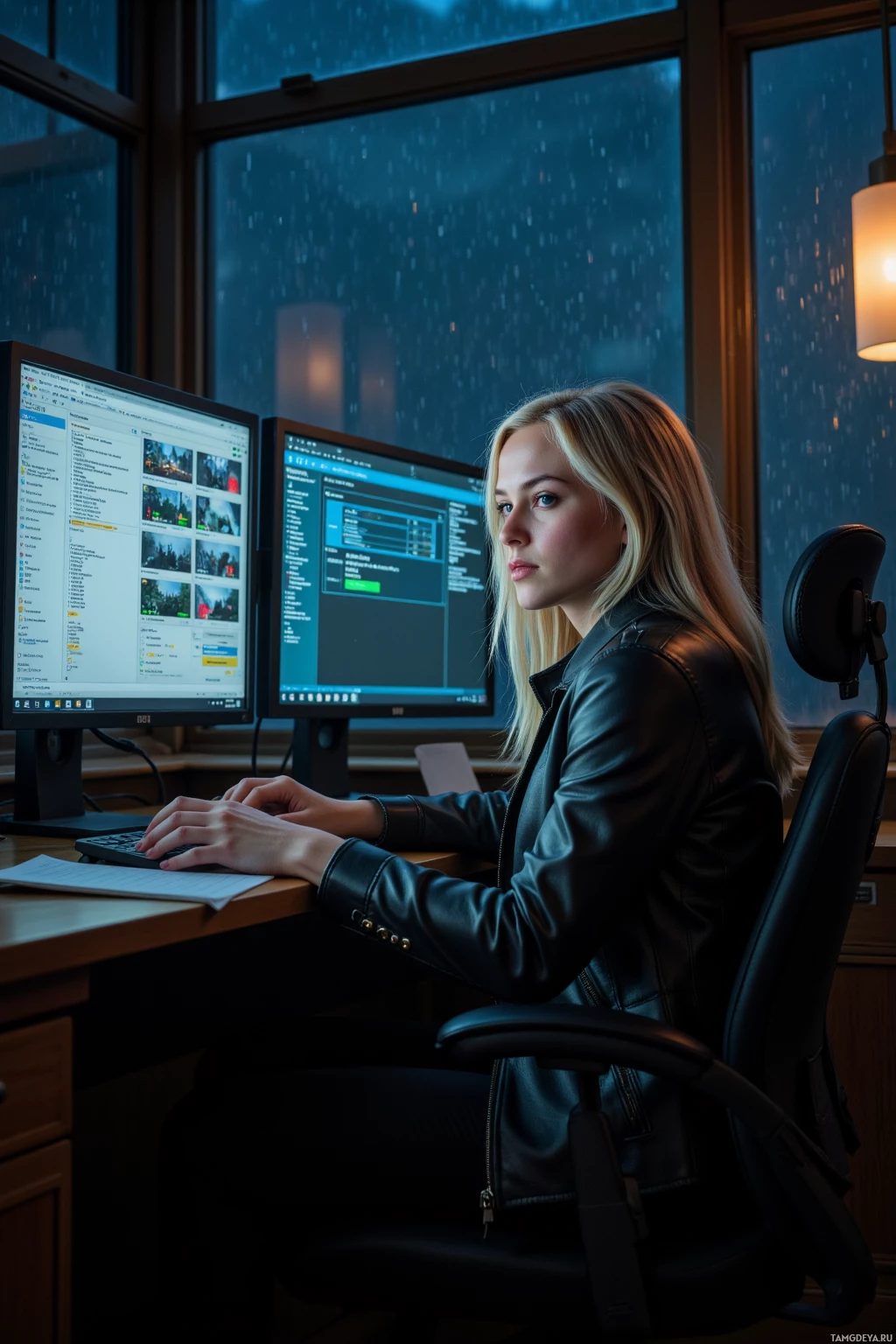 A person in a leather jacket sits at a desk with two computer monitors, working in a dimly lit room with rain visible outside.