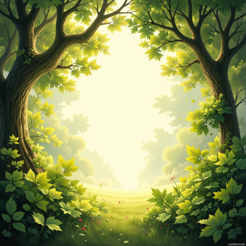 A serene landscape with lush greenery and sunlight filtering through trees.