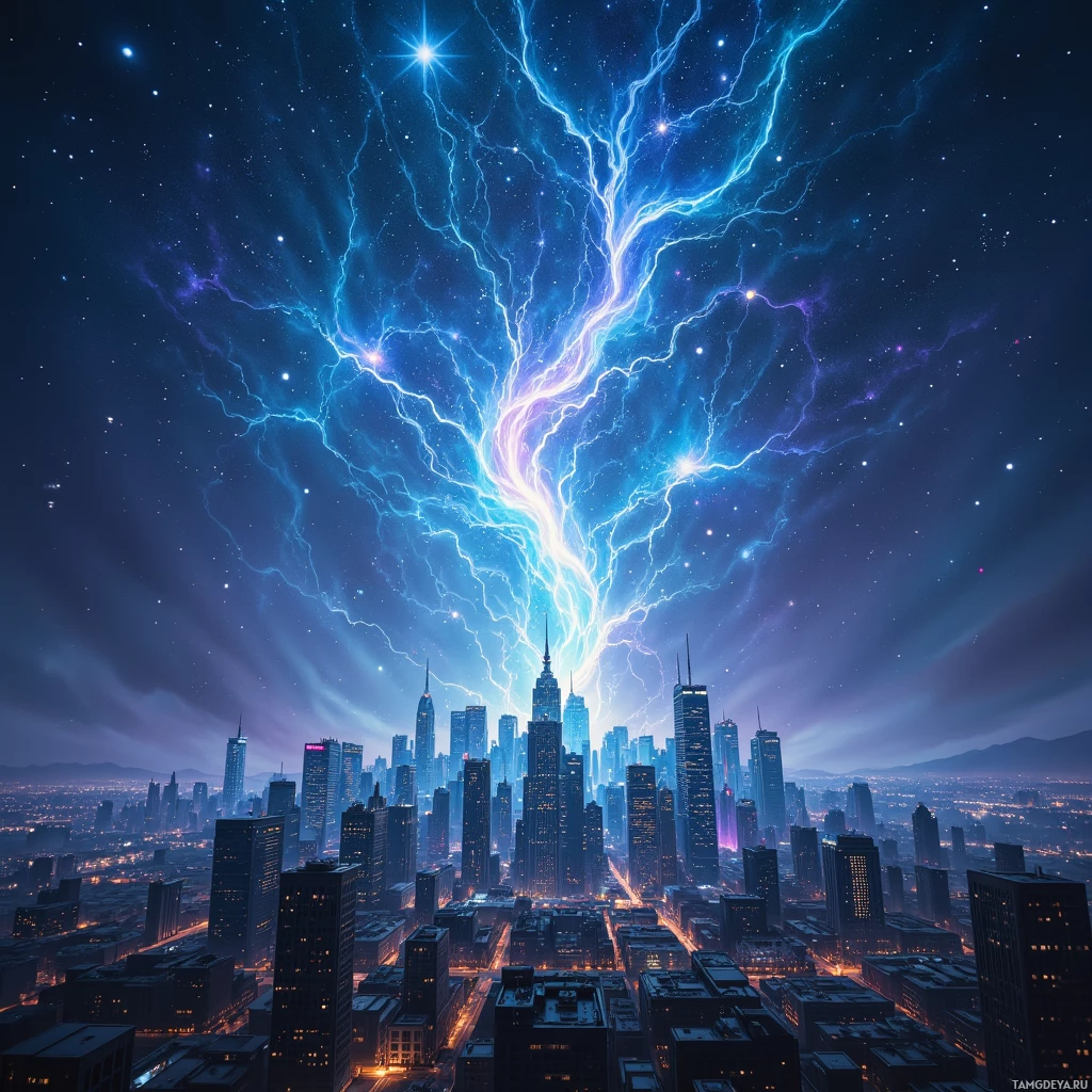 A city skyline at night is illuminated by vibrant blue and purple lightning streaking across the sky.