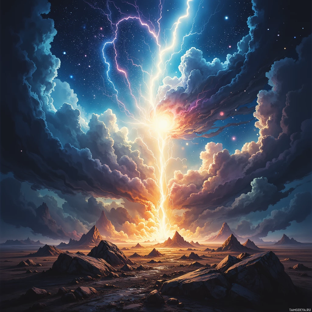 A dramatic sky with lightning and clouds over a rugged landscape.