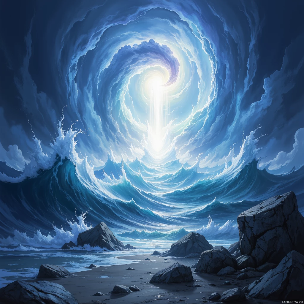 A swirling vortex of light and water dominates the scene, with crashing waves and rocky terrain in the foreground.
