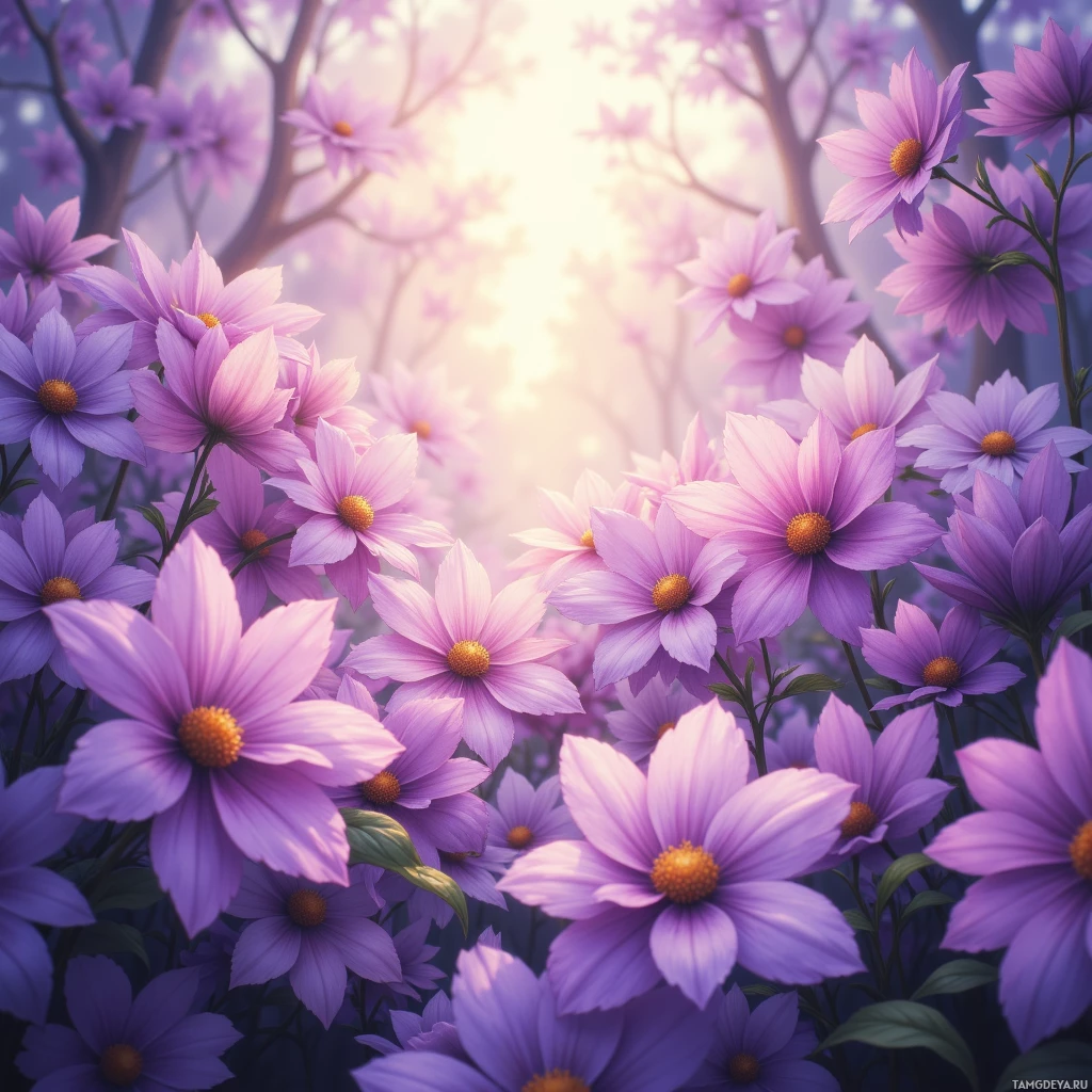 A vibrant cluster of purple flowers with yellow centers, set against a soft, blurred background.