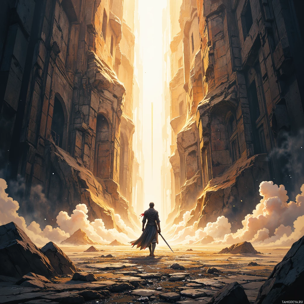A lone figure stands at the entrance of a sunlit cityscape, surrounded by ancient stone architecture and dramatic clouds.