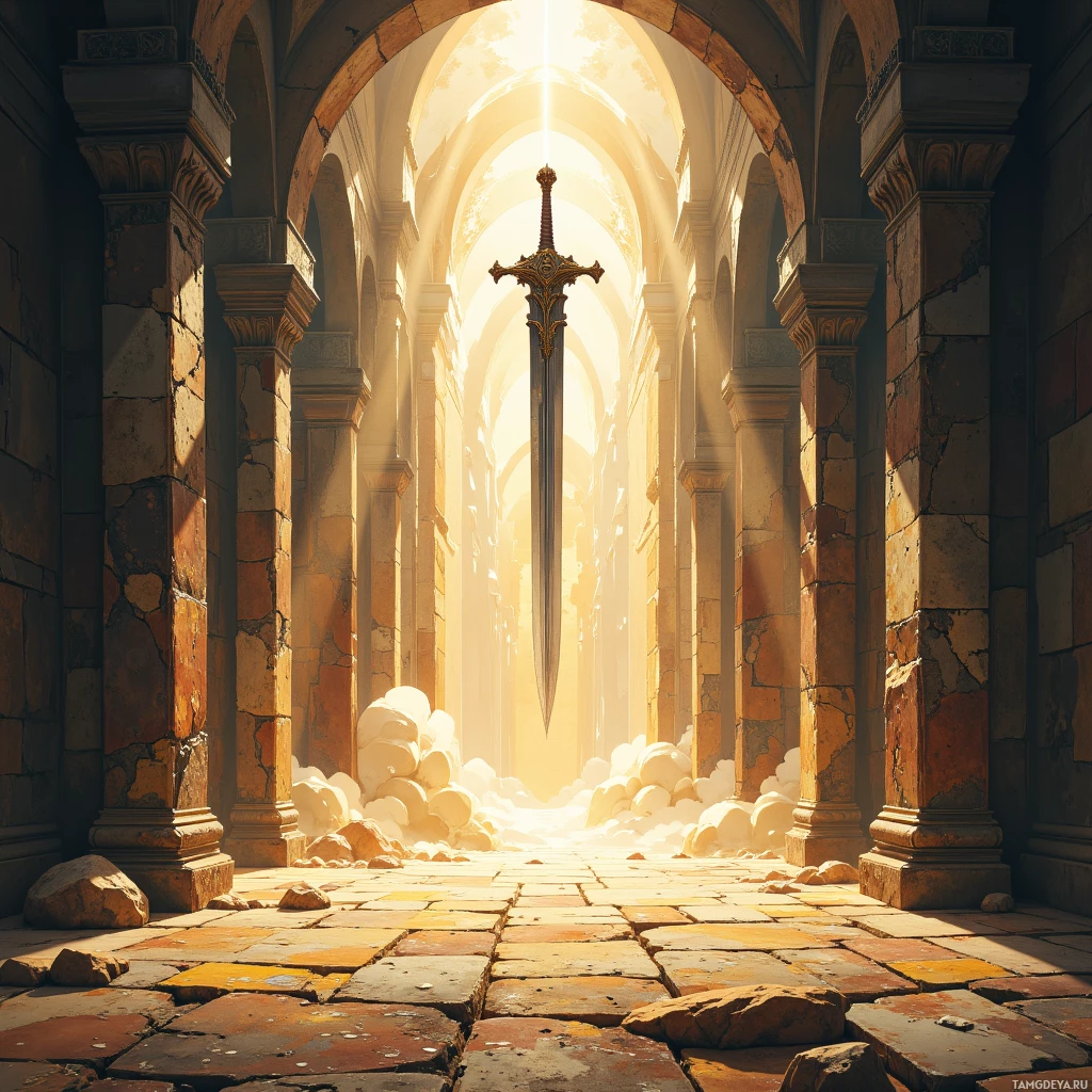 A sword stands upright in a sunlit, ancient stone corridor.