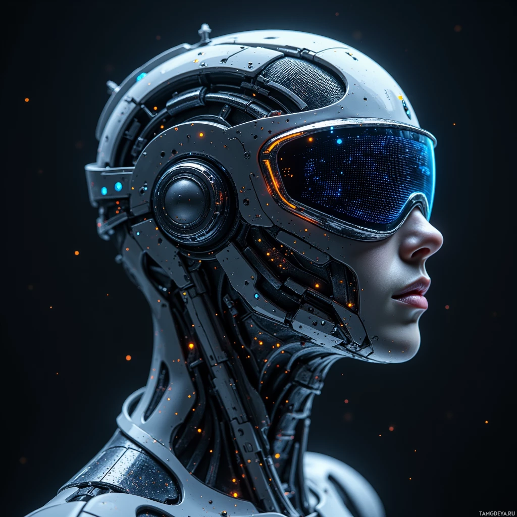 A futuristic character wearing a sleek, metallic helmet with glowing blue visor and intricate mechanical details.