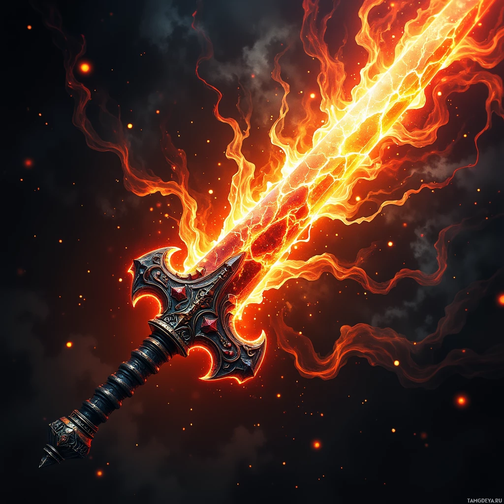 A fiery sword with intricate designs and glowing edges is depicted against a dark background.