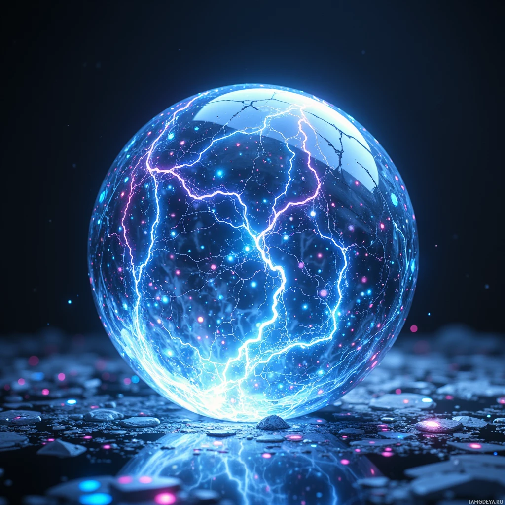 A glowing, cracked sphere with lightning-like patterns and colorful specks.