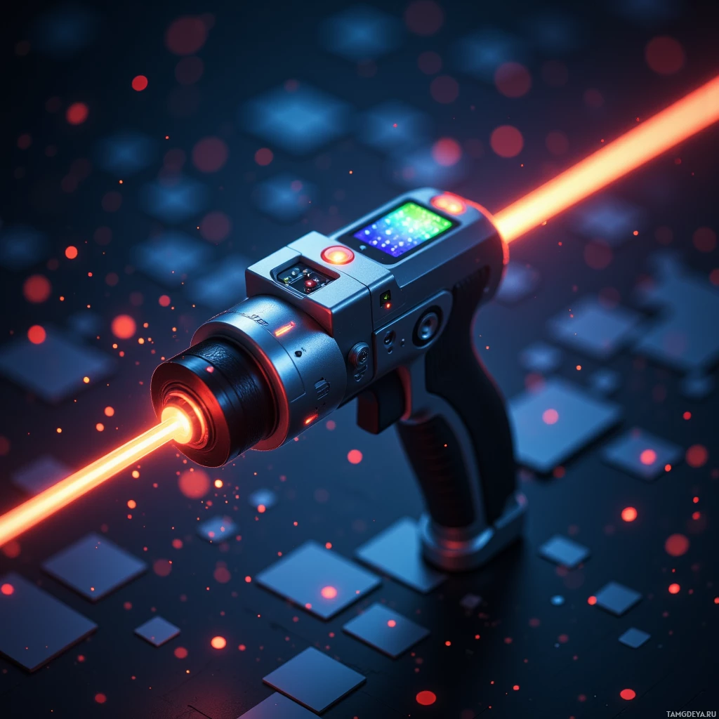 A futuristic laser gun emitting a bright orange beam against a dark, abstract background.