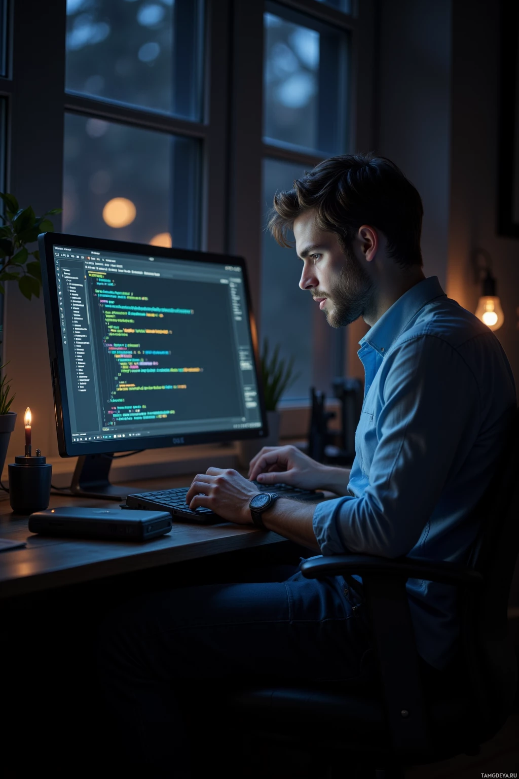 A person is working on a computer in a dimly lit room with code displayed on the screen.