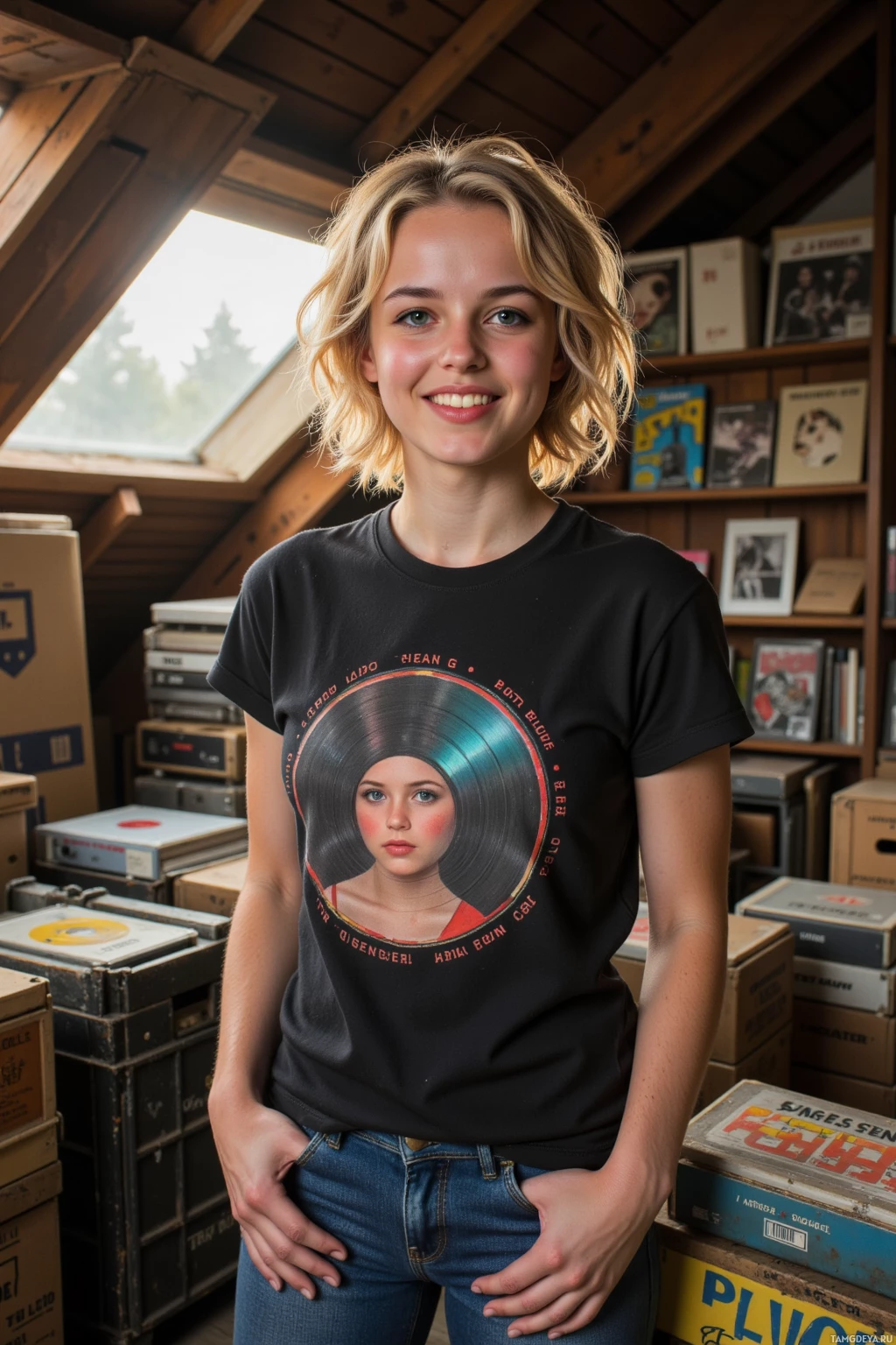 A person wearing a black t-shirt with a vinyl record design stands in a room filled with boxes and shelves.