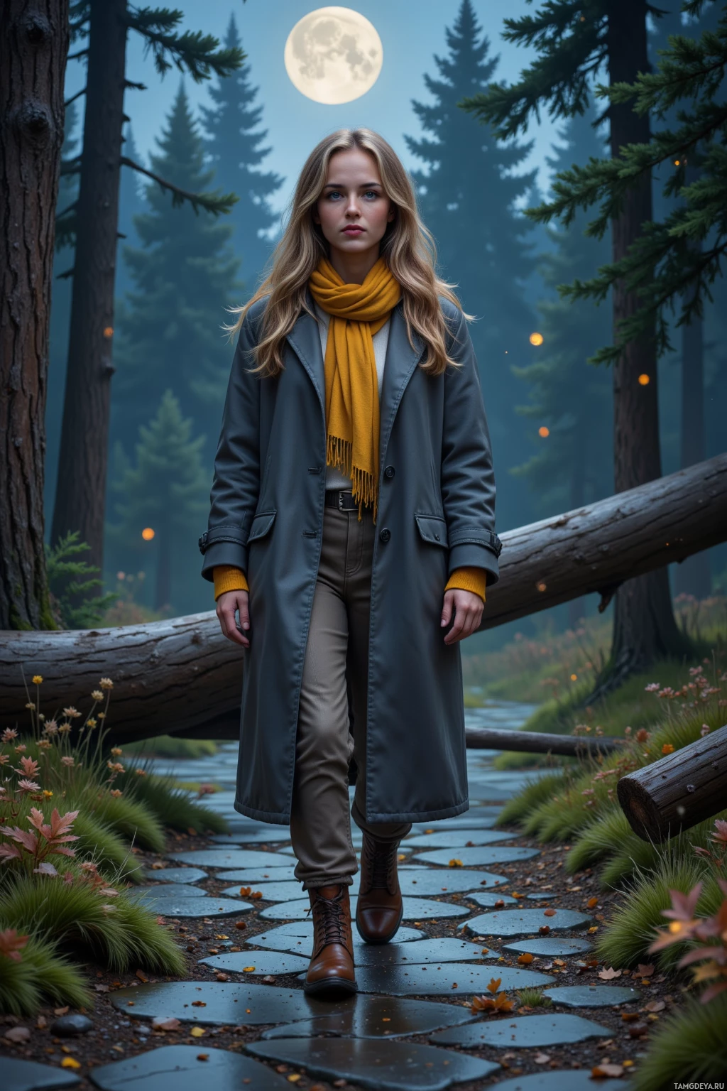 A person walks on a stone path in a forest under a full moon.