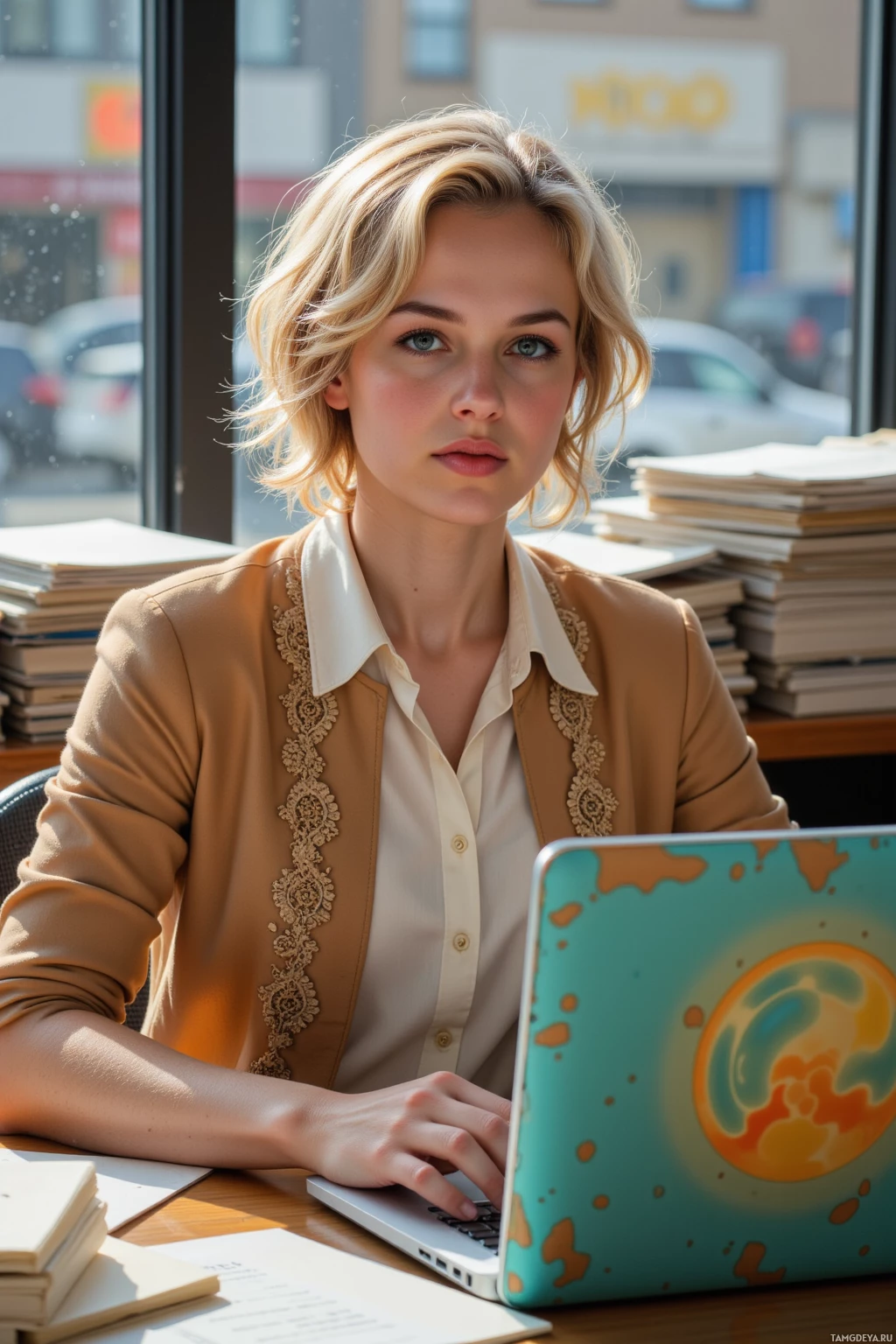 A person is sitting at a desk with a laptop, surrounded by papers and books, in a well-lit room with large windows.