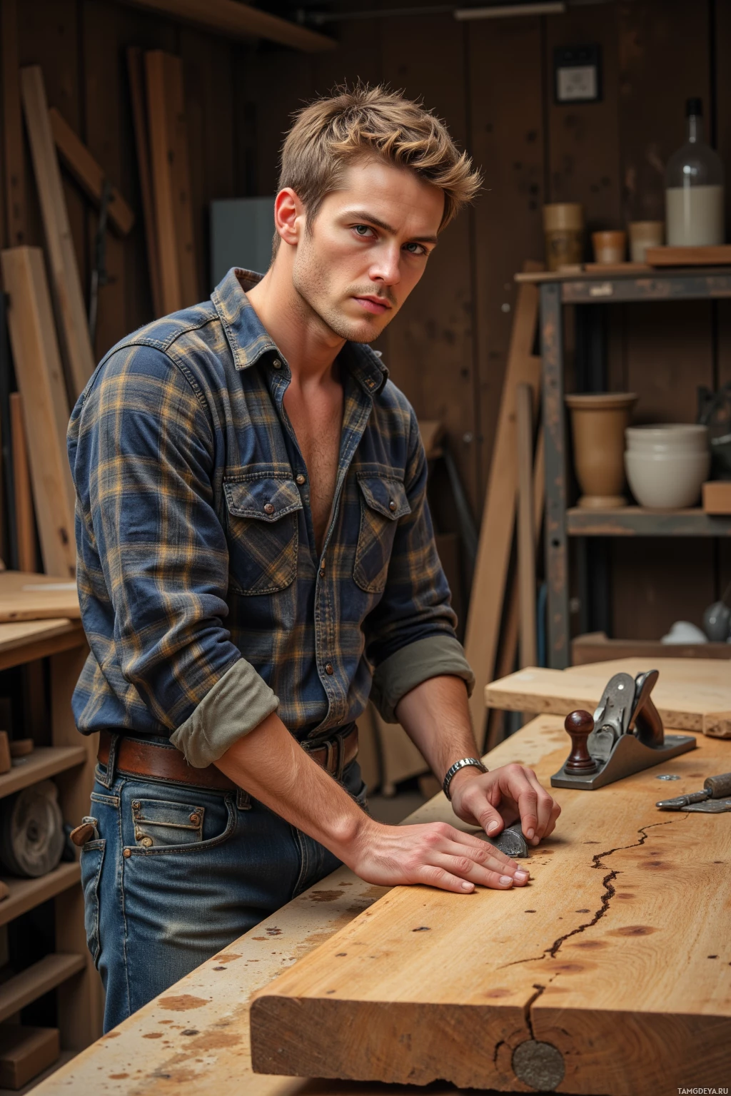 A person in a plaid shirt and jeans works on a piece of wood in a workshop.