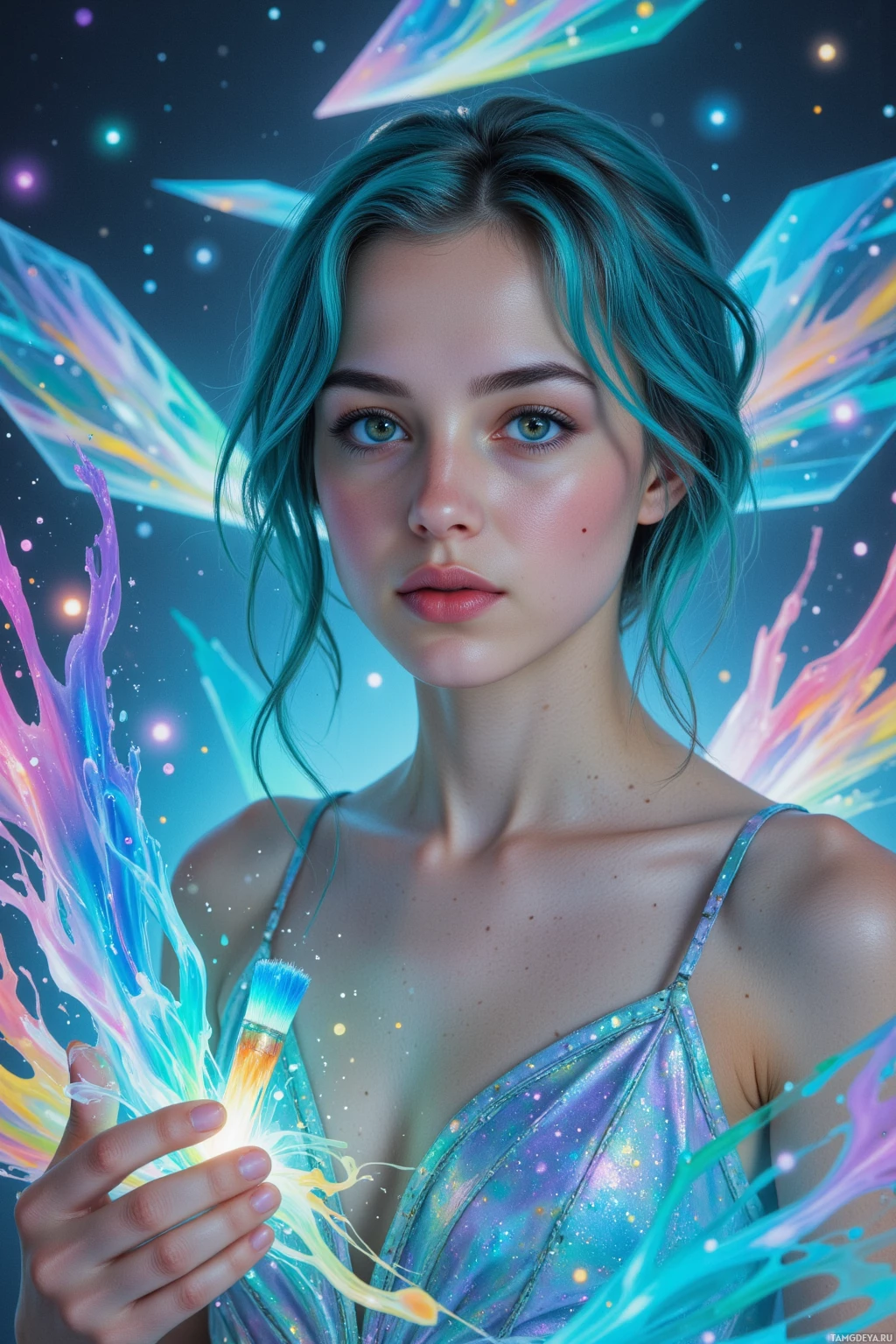 A person with teal hair and wings holds a glowing paintbrush amidst colorful splashes against a starry background.
