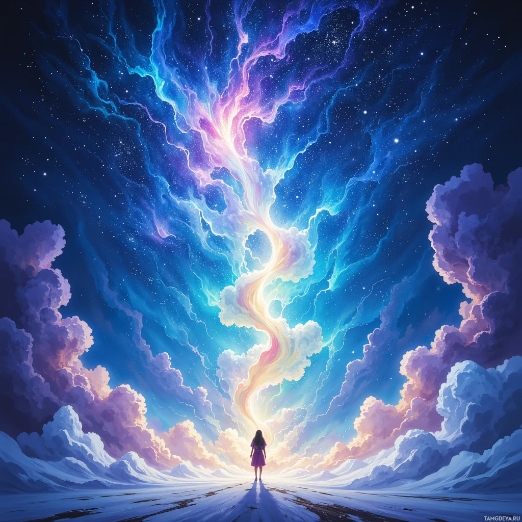 A person stands on a path under a vibrant sky filled with swirling clouds and colorful lightning.